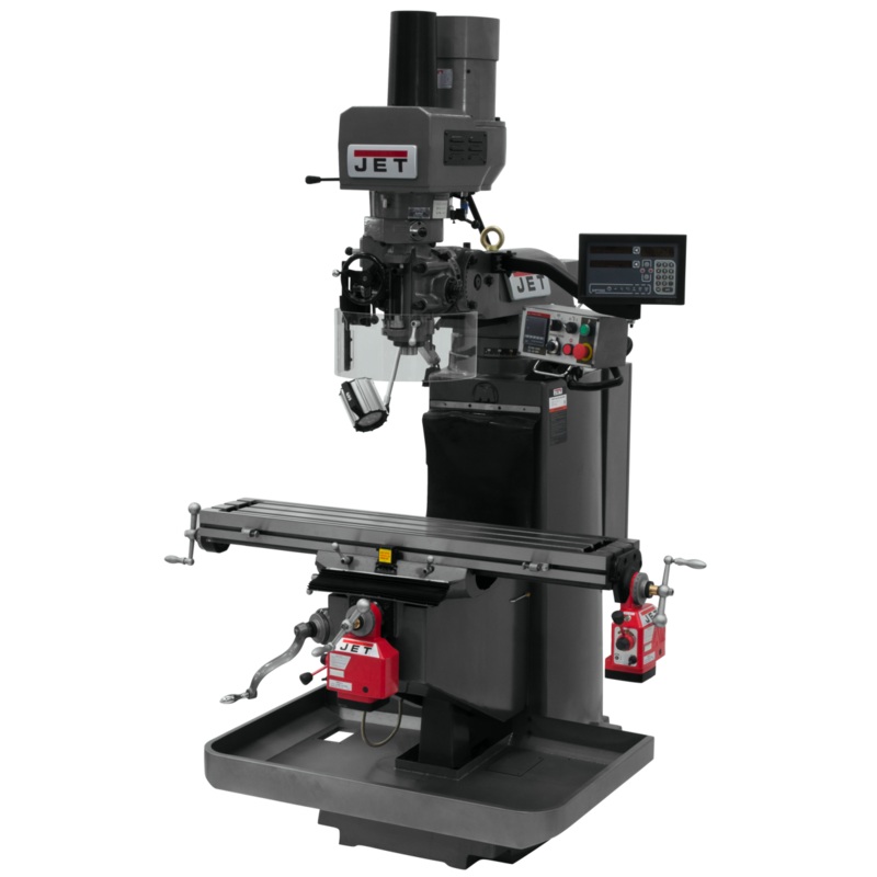 JET JTM-949EVS Mill w/3-Axis Newall DP700 DRO (Quill) w/X and Y-Axis Powerfeeds and Air Powered Draw Bar for Metalworking 3HP, 230V, 3Ph