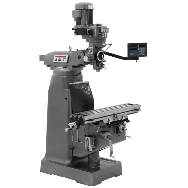JET JVM-836-1 Mill w/3-Axis Newall DP700 DRO (Knee) has precision bored and honed milling head, 8x36" table and double locks on moving surfaces.