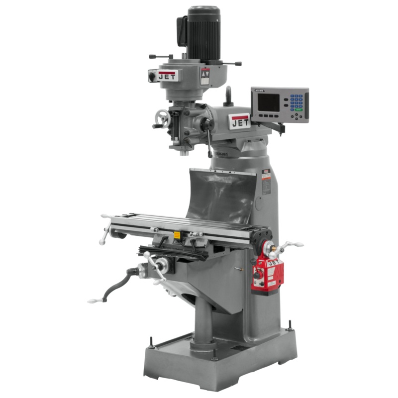 JET JVM-836-3 Mill w/3-Axis ACURITE 203 DRO (Knee) w/X and Y-Axis Powerfeeds has precision bored milling head, 8x36" table and double locks.