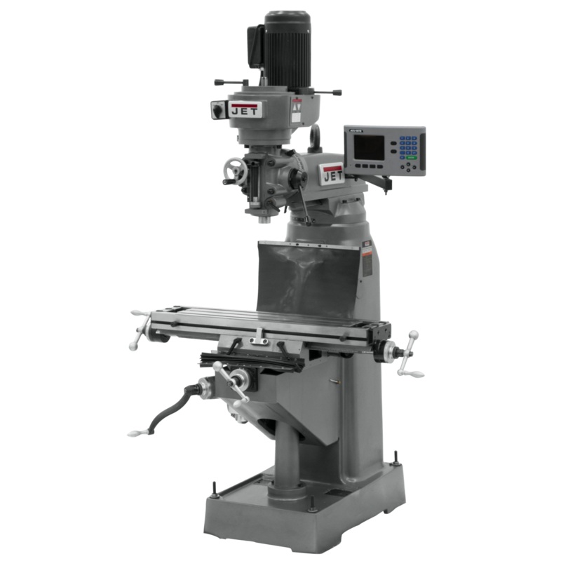 JET JVM-836-3 Mill w/ACURITE 203 DRO has precision bored and honed milling head, 8x36" table and double locks on moving surfaces.