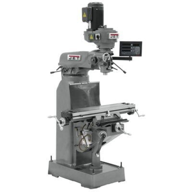 JET JVM-836-3 Mill w/ACURITE 203 DRO w/X-Axis Powerfeed has precision bored and honed milling head, 8x36" table and double locks on moving surfaces.