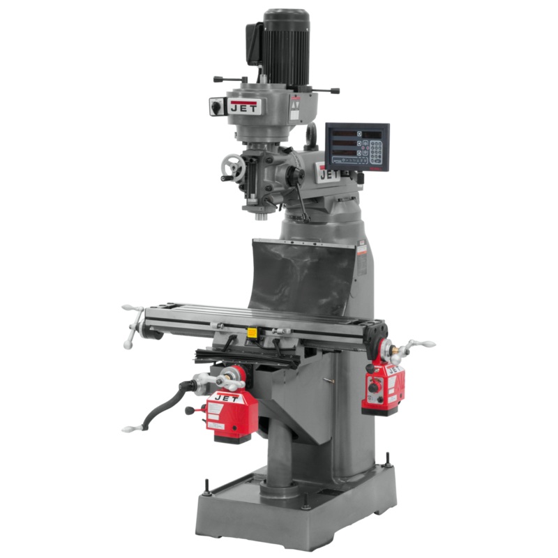 JET JVM-836-3 Mill w/Newall DP700 DRO w/X and Y-Axis Powerfeeds has precision bored milling head, 8x36" table and double locks.