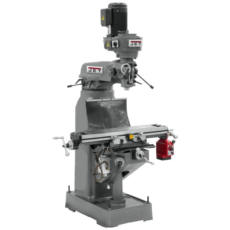 JET JVM-836-3 Mill w/X-Axis Powerfeed has precision bored and honed milling head, 8x36" table and double locks on moving surfaces.