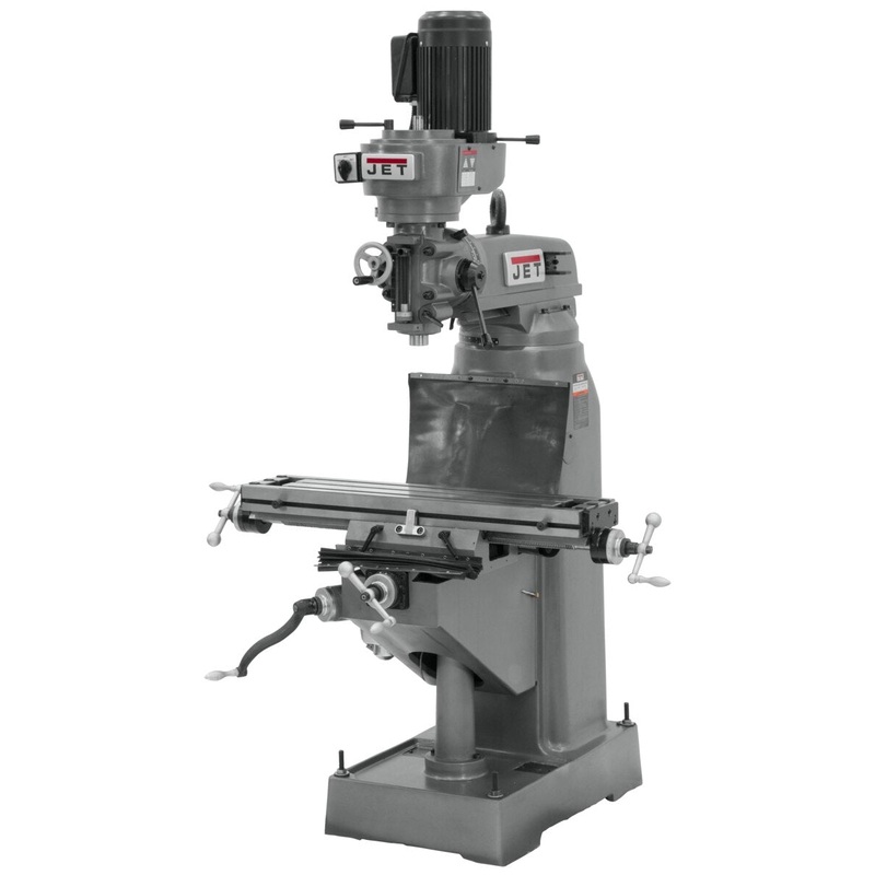JET JVM-836-3 Step Pulley Milling Machine 230V 3Ph has precision bored and honed milling head, 8x36" table and double locks on moving surfaces.