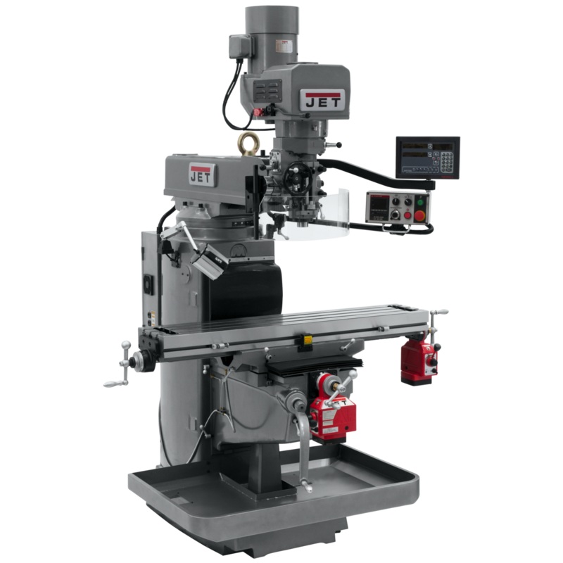 JET JTM-1050EVS2/230 Electronic Variable Speed Mill w/3-Axis Newall DP700 DRO (Knee) w/X and Y-Axis Powerfeeds has 10x50" table and R8 spindle, 70-3800rpm.