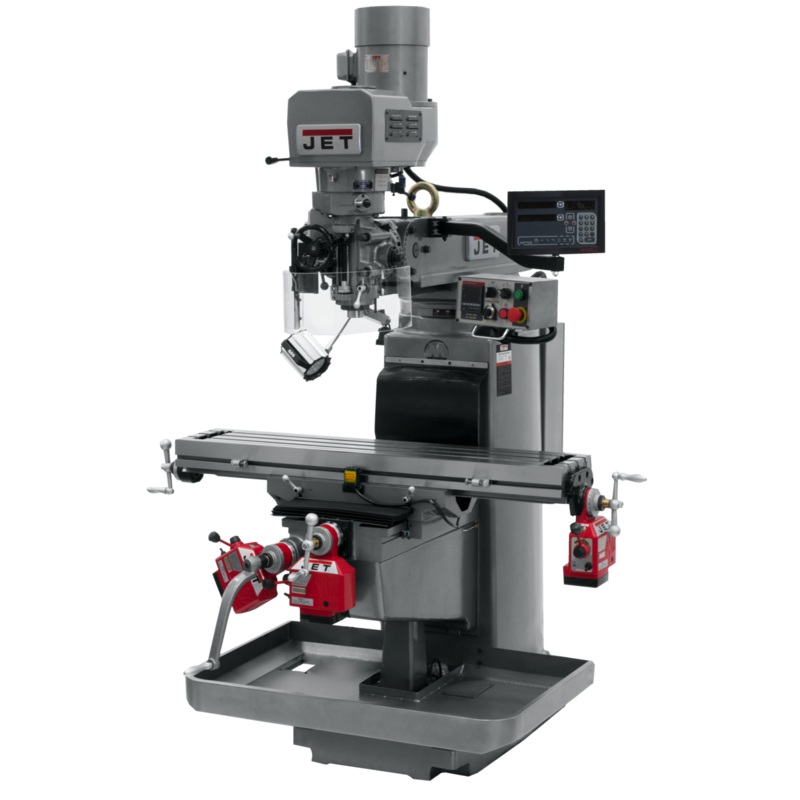 JET JTM-1050EVS2/230 Electronic Variable Speed Mill w/3-Axis Newall DP700 DRO (Knee) w/X Y and Z-Axis Powerfeeds has 10x50" table and R8 spindle, 70-3800rpm.