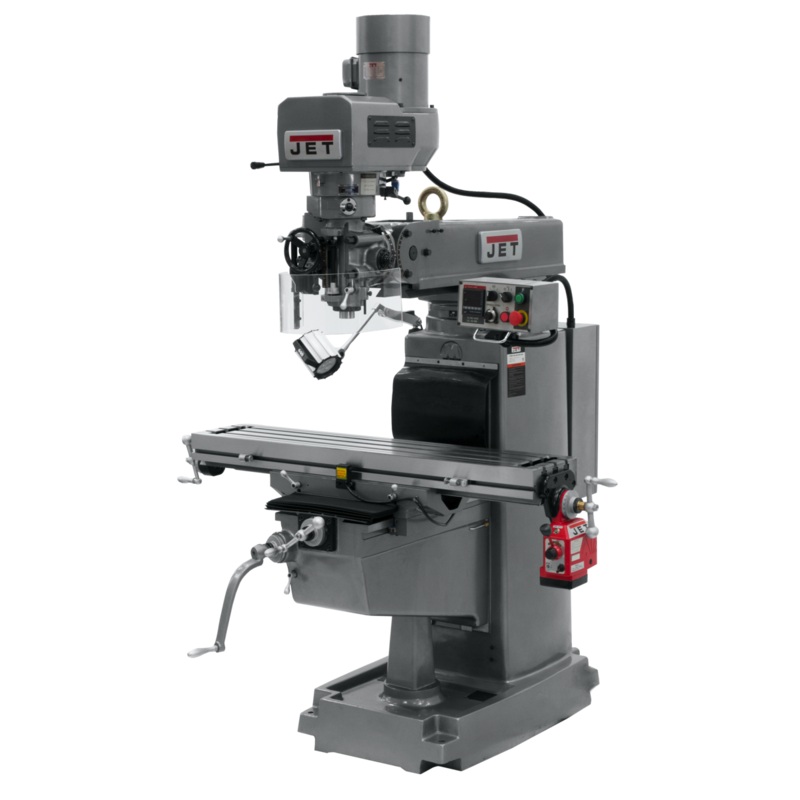 JET JTM-1050EVS2/230 Electronic Variable Speed Mill w/3-Axis Newall DP700 DRO (Knee) w/XY-Axis Powerfeeds and Air Draw Bar has 10x50" table, R8 spindle, 70-3800rpm.
