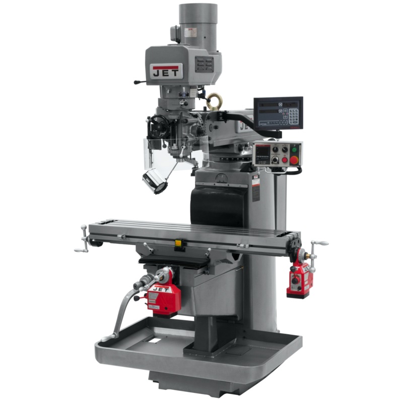 JET JTM-1050EVS2/230 Electronic Variable Speed Mill w/3-Axis Newall DP700 DRO (Quill) w/X and Y-Axis Powerfeeds has 10x50" table and R8 spindle, 70-3800rpm.