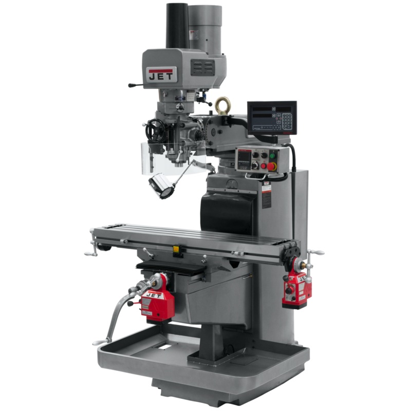 JET JTM-1050EVS2/230 Electronic Variable Speed Mill w/3-Axis Newall DP700 DRO (Quill) w/XY-Axis Powerfeeds and Air Draw Bar has 10x50" table, R8 spindle, 70-3800rpm.