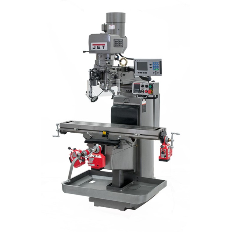 JET JTM-1050EVS2/230 Electronic Variable Speed Mill w/ACURITE 203 DRO w/X Y and Z-Axis Powerfeeds and Air Drawbar has 10x50" table and R8 spindle, 70-3800rpm.