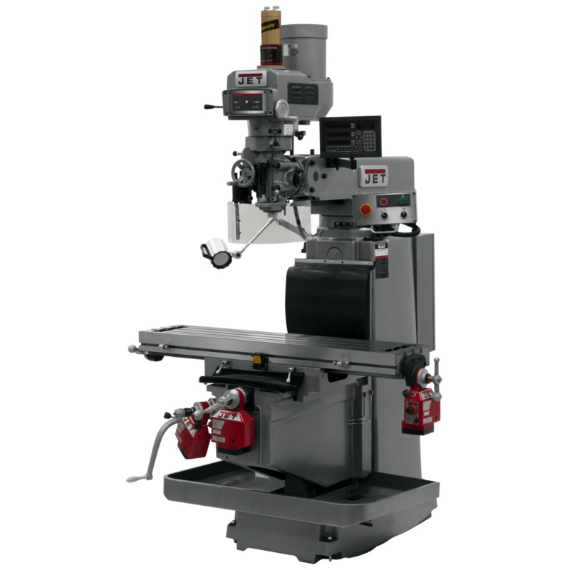 JET JTM-1254RVS w/NEWALL DP700 DRO X Y&Z Powerfeeds & Air Power Drawbar features R-8 spindle taper