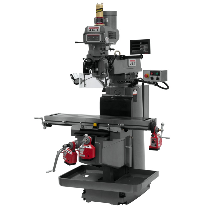 JET JTM-1254VS w/NEWALL DP700 DRO X Y&Z Powerfeeds & Air Power Drawbar features NST-40 spindle taper.