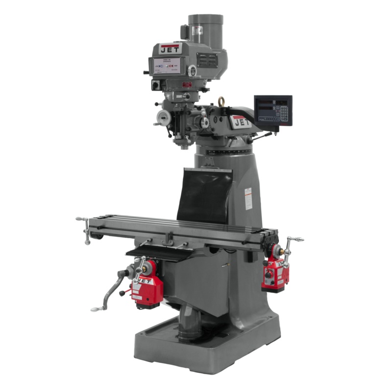 JET JTM-4VS-1 Mill w/Newall DP700 DRO w/X and Y-Axis Powerfeeds and 6" Riser Block for Metalworking 2HP, 115/230V, 1Ph, Prewired 230V
