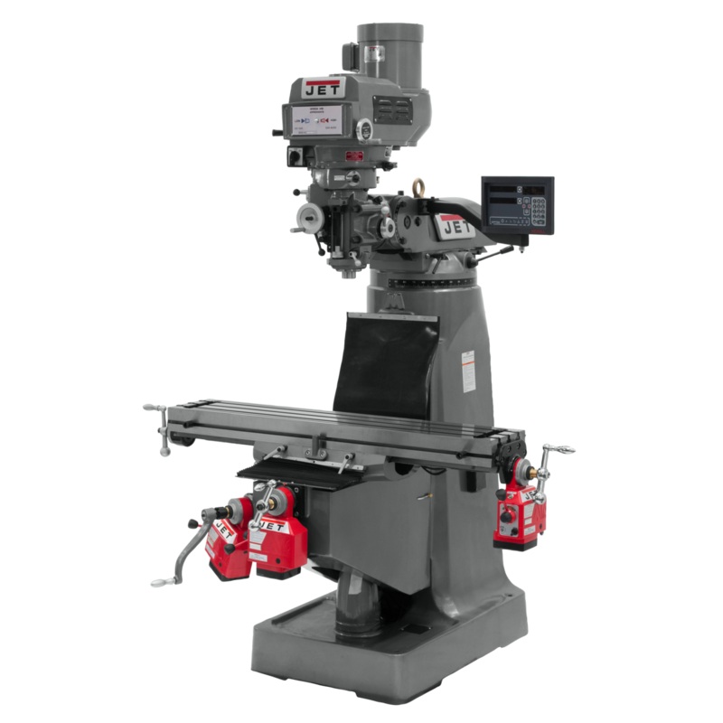JET JTM-4VS Mill w/3-Axis Newall DP700 DRO (Knee) w/X Y and Z-Axis Powerfeeds for Metalworking 3HP, 230/460V, 3Ph, Prewired 230V