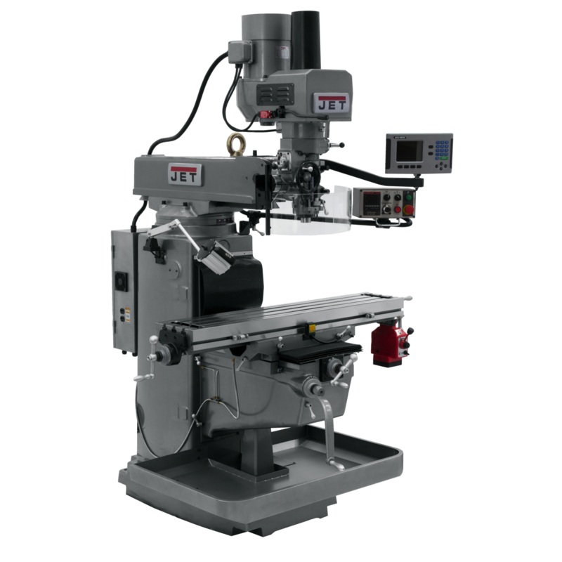 JET JTM-1050EVS2/230 Electronic Variable Speed Mill w/3-Axis ACURITE 203 DRO (Knee) w/X-Axis Powerfeed and Air Draw Bar has 10x50" table, R8 spindle, 70-3800rpm.