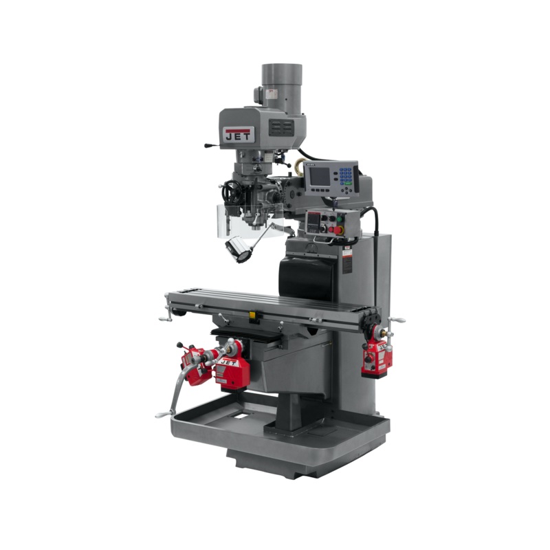JET JTM-1050EVS2/230 Electronic Variable Speed Mill w/3-Axis ACURITE 203 DRO (Knee) w/X Y and Z-Axis Powerfeeds has 10x50" table and R8 spindle, 70-3800rpm.