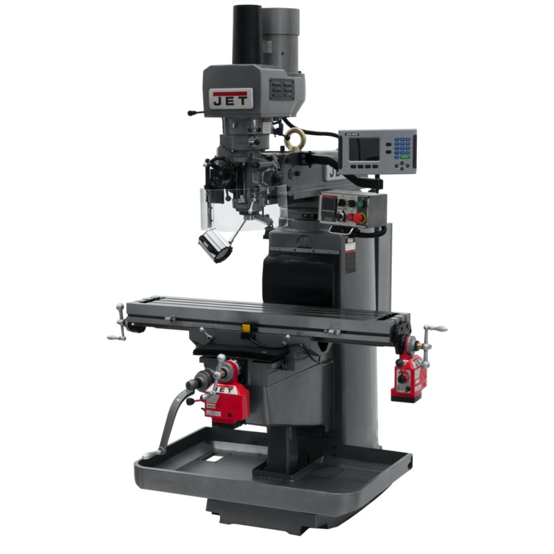 JET JTM-1050EVS2/230 Electronic Variable Speed Mill w/3-Axis ACURITE 203 DRO (Quill) w/XY-Axis Powerfeeds and Air Draw Bar has 10x50" table, R8 spindle, 70-3800rpm.