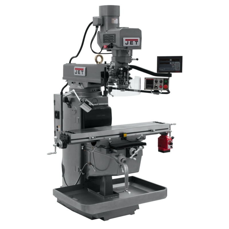 JET JTM-1050EVS2/230 Electronic Variable Speed Mill w/3-Axis Newall DP700 DRO (Knee) w/X-Axis Powerfeed has 10x50" table and R8 spindle, 70-3800rpm.