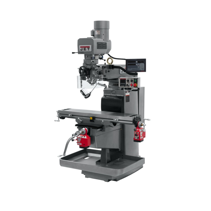 JET JTM-1050EVS2/230 Electronic Variable Speed Mill w/Newall DP700 DRO w/X and Y-Axis Powerfeeds has 10x50" table and R-8 spindle taper, 70-3800rpm.