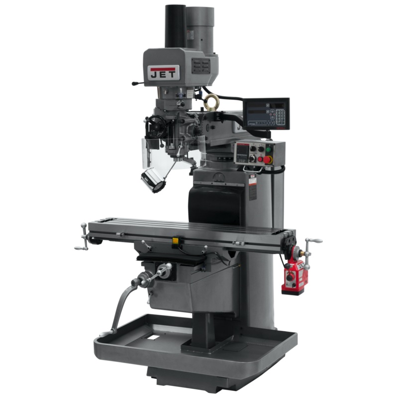 JET JTM-1050EVS2/230 Electronic Variable Speed Mill w/Newall DP700 DRO w/X-Axis Powerfeed and Air Drawbar has 10x50" table and R8 spindle, 70-3800rpm.