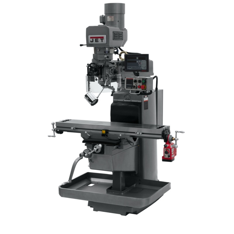 JET JTM-1050EVS2/230 Electronic Variable Speed Mill w/Newall DP700 DRO w/X-Axis Powerfeed has 10x50" table and R-8 spindle taper, 70-3800rpm.