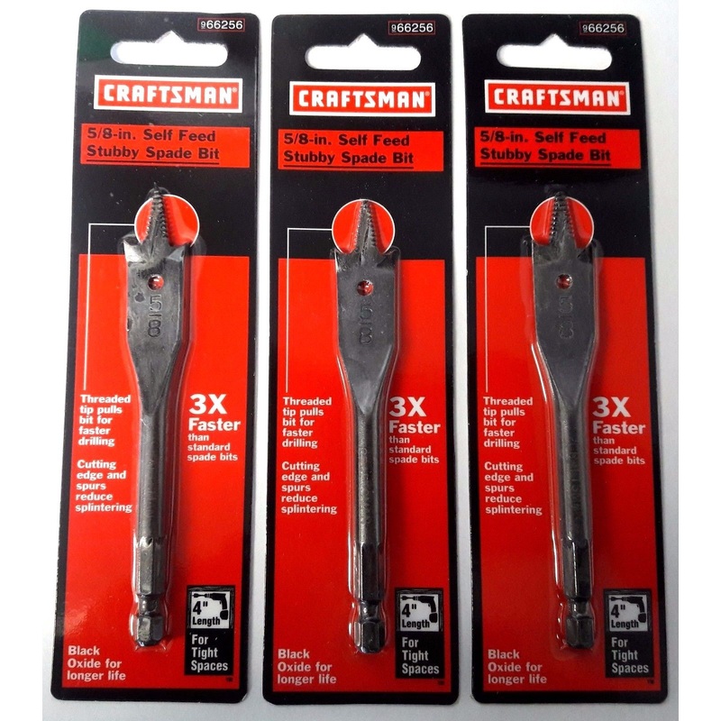 Craftsman 66256 Stubby Self Feed Spade Drill Bit 5/8" x 4" Length 3PCS