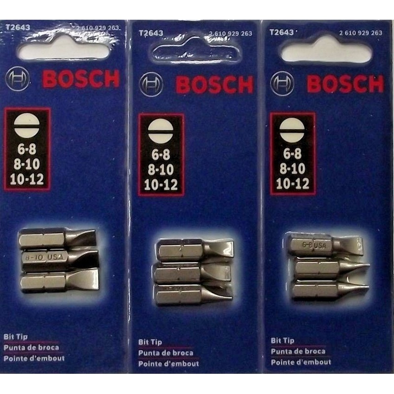 Bosch T2643 3 pc. Slotted Bit Tips 3-3 Packs 6-8, 8-10, 10-12 USA