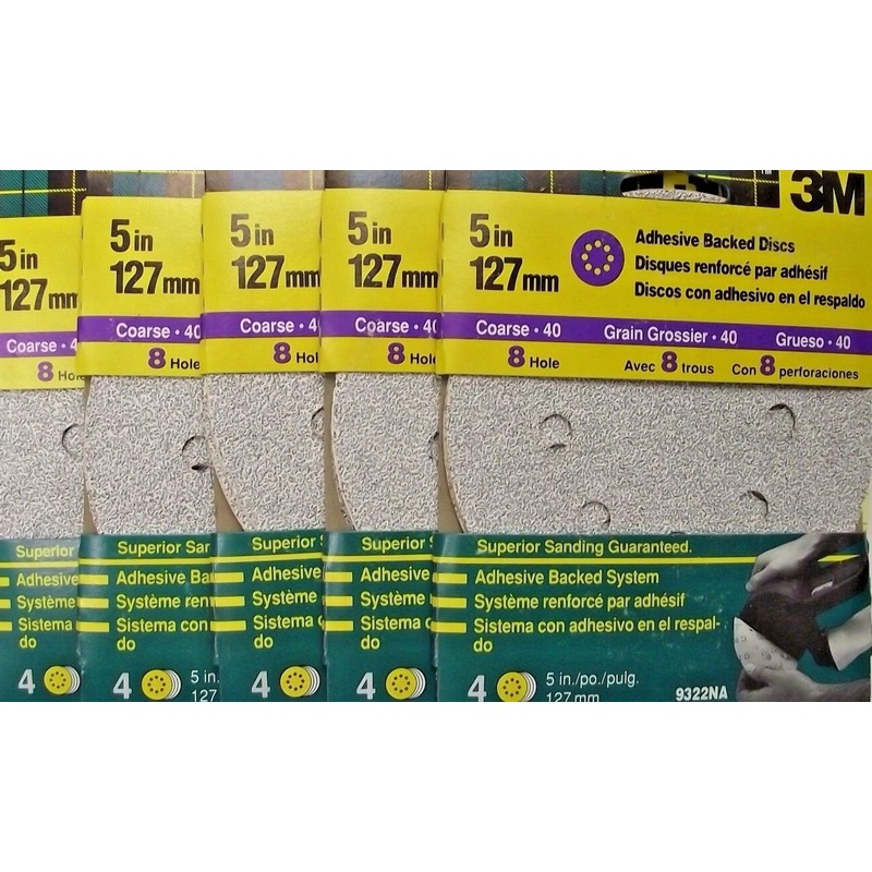 3M 9322NA 5" 40 Grit 8 Hole Adhesive Backed Sanding Discs 20 Discs 5-4 Packs
