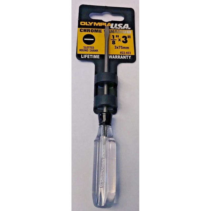 Olympia 22-403 1/8" x 3" Chrome Vanadium Slotted Round Shank Screwdriver USA