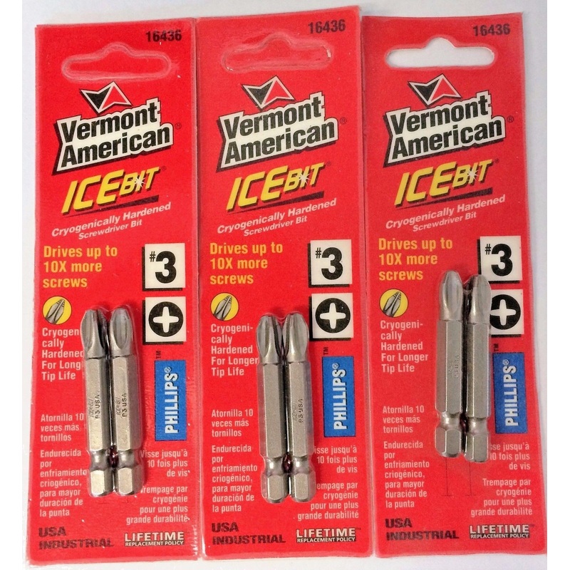 Vermont American 16436 #3 Phillips x 2" Ice Bits Screw Tips USA 3 Packs of 2