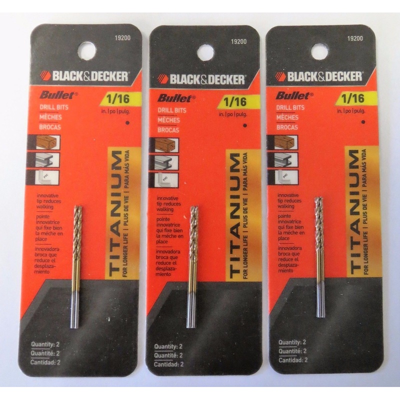 Black & Decker 19200 Titanium Metal Plastic & Wood 1/16" Bullet Drill Bit 3 PKS