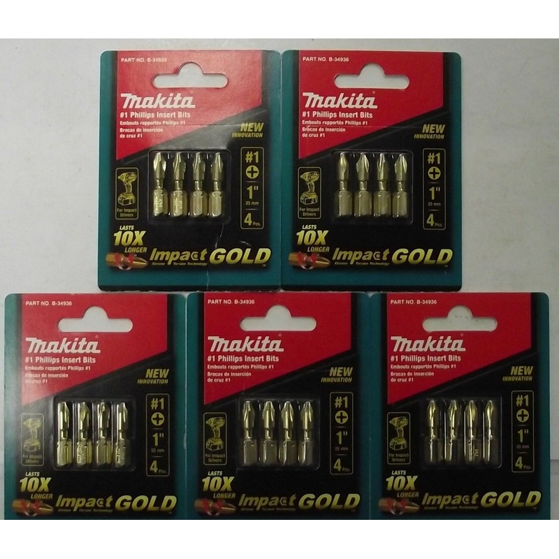 Makita B-34936 4 Piece Impact GOLD #1 Phillips Insert Screw Bit Tips 5pcs.