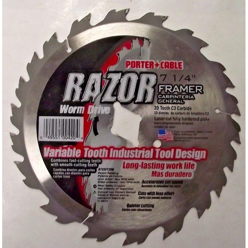 Porter Cable Razor 725VT20W 7-1/4 x 20 Carbide Circular Saw Blade Worm Drive USA