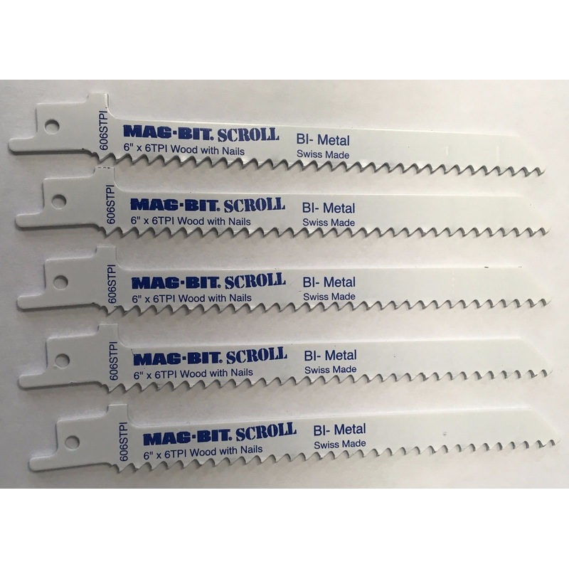 Mag-Bit x Bosch 2608656848 606STPI 6" x 6TPI Bi-Metal Scroll Recip Saw Blade 5pc