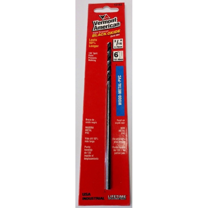 Vermont American 13162 3/16" x 6" Black Oxide Wood / Metal / PVC Drill Bit