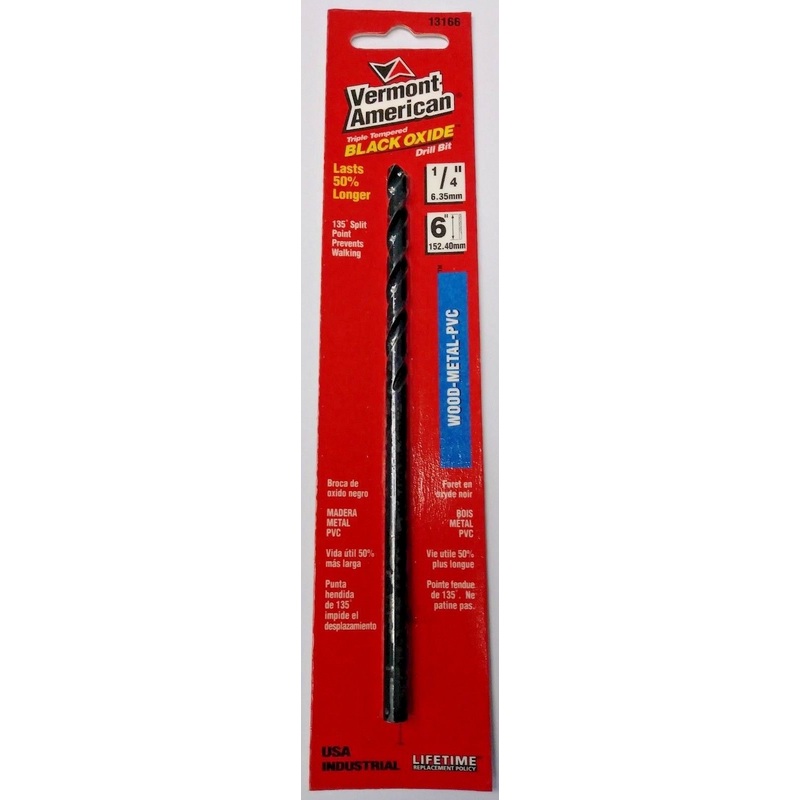 Vermont American 13166 1/4" x 6" Black Oxide Wood / Metal / PVC Drill Bit