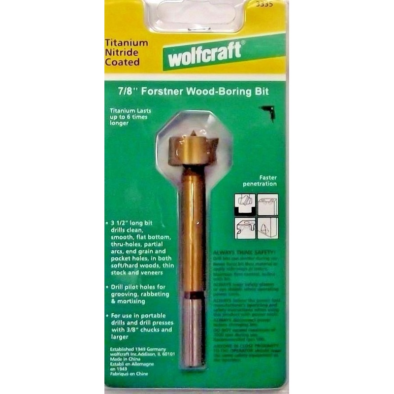 Wolfcraft 3335 7/8" x 3" Titanium Nitride Coated Forstner Wood-Boring Bit