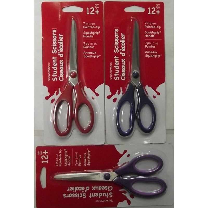 SchoolWorks 153530 Squishgrip Scissors 7" Pointed Tip 3pcs. Asst Colors
