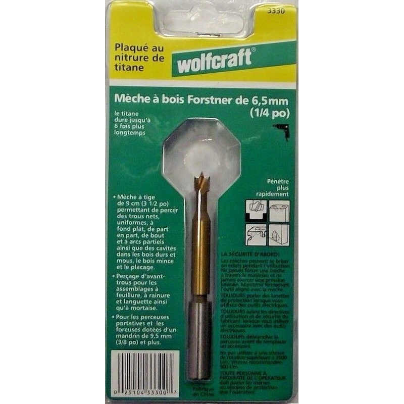 Wolfcraft 3330 1/4" x 3-1/8" Titanium Nitride Coated Forstner Wood-Boring Bit
