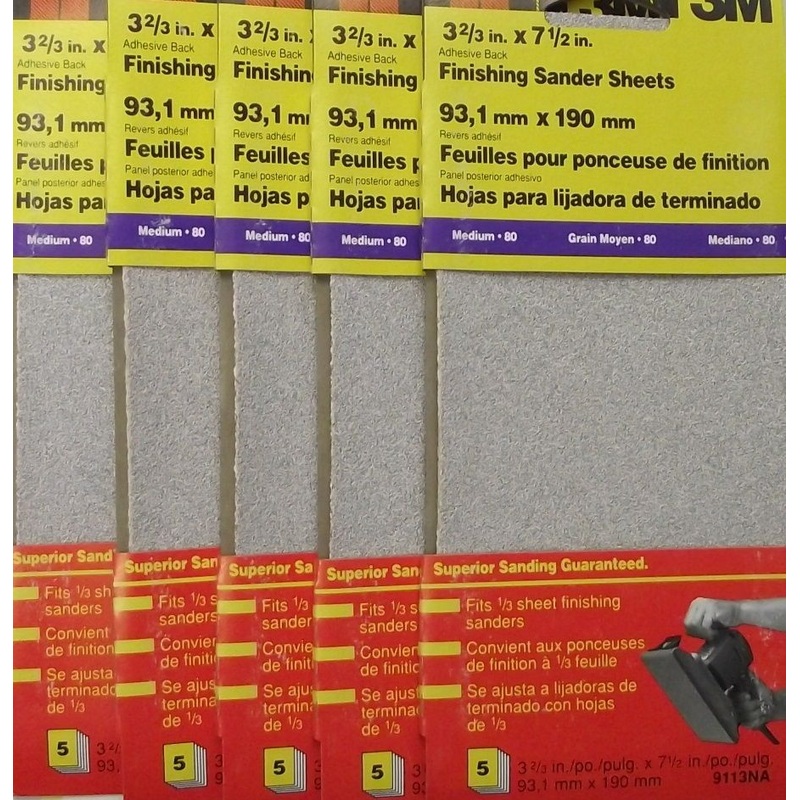 3M 9113NA 1/3 Sheet Clamp On Sandpaper 80 Grit 5pcs. x 5Pks 25 Sheets