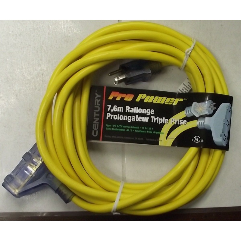 Century D15312025 25ft Triple Tap Extension Cord Heavy Dut Type 12/3 Lighted End