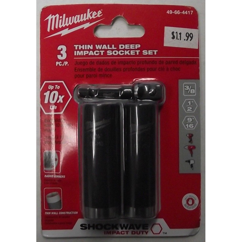 Milwaukee 49-66-4417 3/8" Drive Thin Wall Deep Shockwave Impact Socket Set - 3pc
