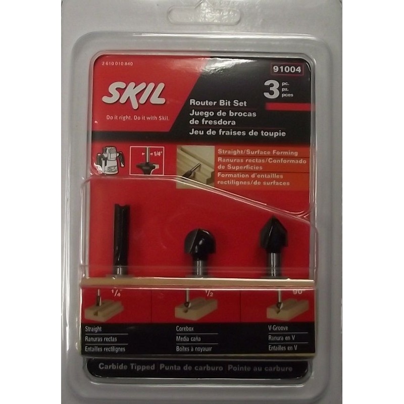 SKIL 91004 Router Bit Set 1/4" Straight 1/2 Corebox 90 V Groove Carbide Tip 3pc