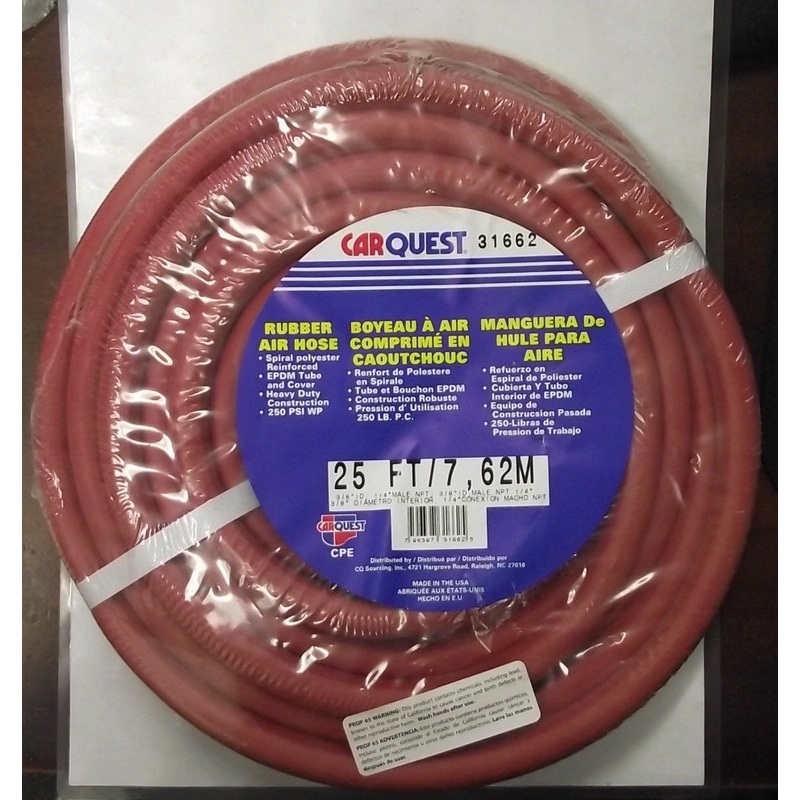 Carquest 31662 25ft Rubber Air Hose 3/8" I.D. 1/4" Male NPT USA