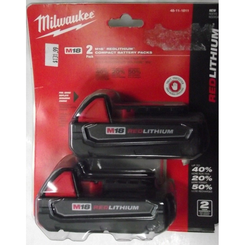 Milwaukee 48-11-1811 M18 18-Volt 1.5Ah REDLITHIUM Compact Battery - 2 Pack