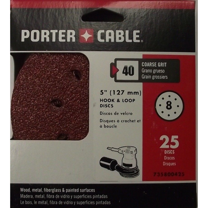 PORTER-CABLE 735800425 5" Hook & Loop Aluminum Oxide 8 Hole 40G Sanding Disc 25p